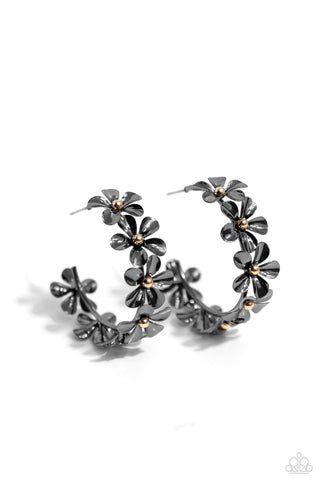 Floral Flamenco - Black - Gold Bead Center Gunmetal Flower Paparazzi Hoop Earrings