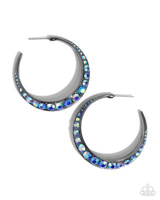 Embedded Edge - Blue - Iridescent Rhinestone Gunmetal Paparazzi Hoop Earrings