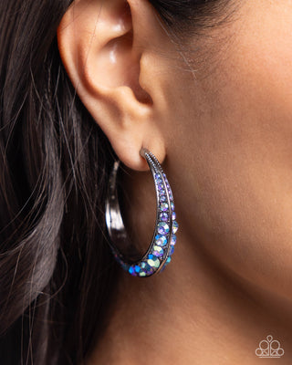 Embedded Edge - Blue - Iridescent Rhinestone Gunmetal Paparazzi Hoop Earrings