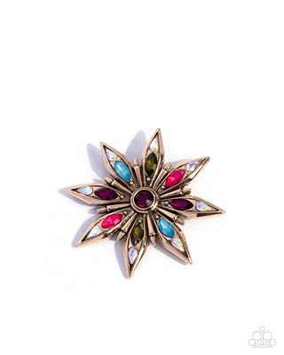 Slow Shimmer - Multi - Colorful Gem Gold Flower Paparazzi Brooch Pin