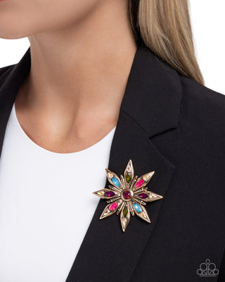 Slow Shimmer - Multi - Colorful Gem Gold Flower Paparazzi Brooch Pin