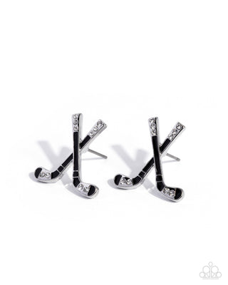 Hockey Haute - Black - Painted and White Rhinestone Hockey Stick Paparazzi Post Earrings