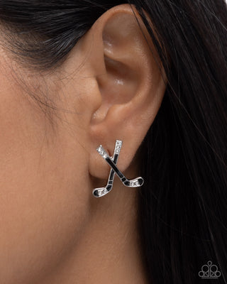Hockey Haute - Black - Painted and White Rhinestone Hockey Stick Paparazzi Post Earrings