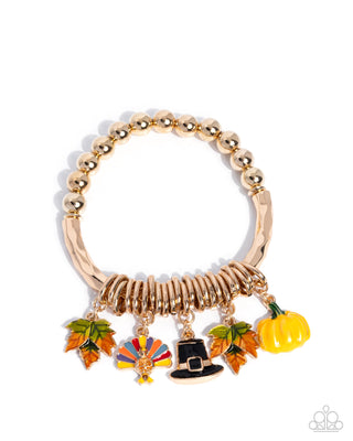 Celebratory Center - Gold - Thanksgiving Charm Paparazzi Stretchy Bracelet