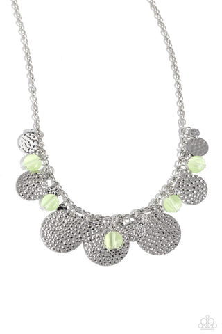 Radiant Review - Green - Cat's Eye Bead Silver Hammered Disc Paparazzi Short Necklace
