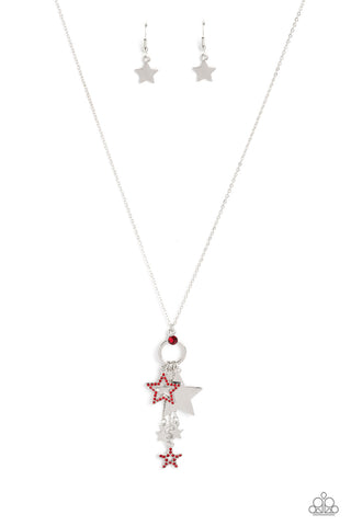 Starry Statutes - Red - Rhinestone Silver Star Patriotic Paparazzi Necklace