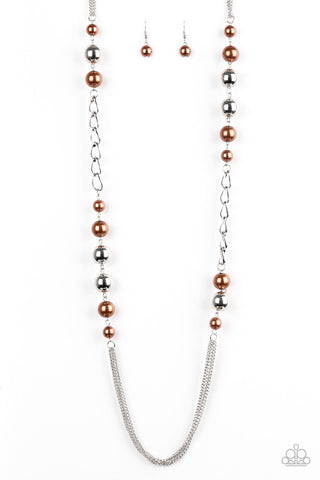 Uptown Talker - Brown - Pearl and Silver Bead Paparazzi Long Necklace