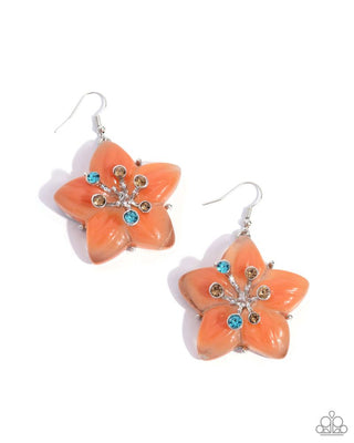 Summer Sprigs - Orange - Rhinestone Center Flower Paparazzi Fishhook Earrings - 2024 Summer Party Pack Exclusive
