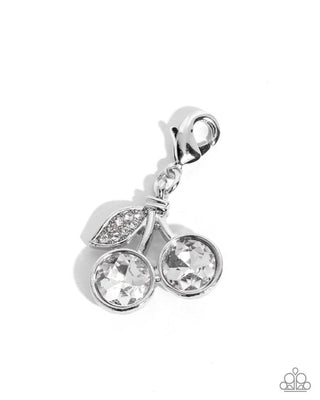 Sweet Cherries two white gem cherries with rhinestone-embellished silver leaf Paparazzi rhodium-plated charm