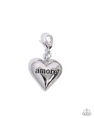 Infinite Amore silver heart Paparazzi rhodium-plated charm with stamped amore lettering