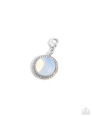 Serene Story polished moonstone charm with scalloped white rhinestone border by Paparazzi Accessories