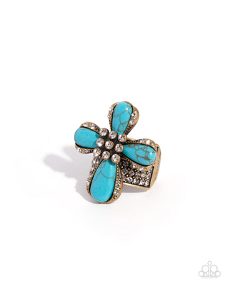 Stony Saint - Brass - Turquoise Stone Cross Paparazzi Ring