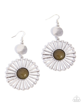 Successful Sunburst green and silver fishhook earrings, product view