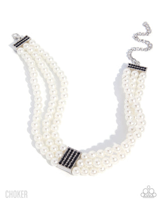 Pearly Permanence black rhinestone and white pearl silver choker necklace, product view