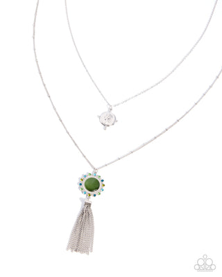 Cameo Composition green rhinestone and cat's-eye silver necklace with earrings