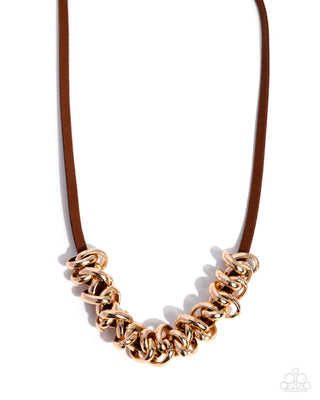 Woven Wheelhouse gold ring and brown suede necklace product photo