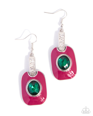 Square Sentiment fuchsia pink silver and gemstone earrings, product view