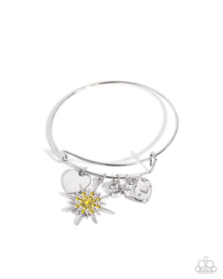 Serious Stare silver celestial heart and yellow rhinestone bangle bracelet product photo