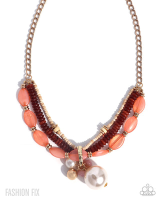 Boho Chic orange brown pearl and wooden bead necklace
