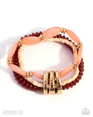 Boho Class orange brown pearl and wooden bead bracelets