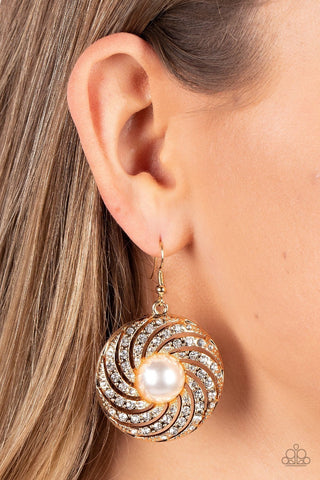 Vintage Vortex, Gold, White Rhinestone Swirl Pearl Center Paparazzi Fishhook Earrings