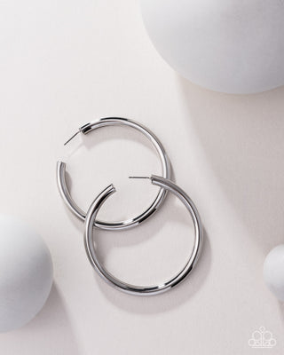 Curve Ball - Silver - High Sheen Paparazzi Hoop Earrings - Blockbuster