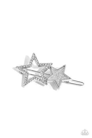 Stellar Shine - Silver - White Rhinestone and Glitter Star Paparazzi Hair Clip