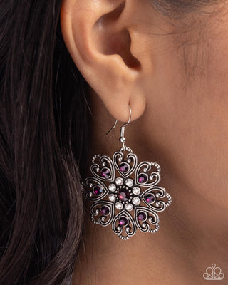 Garden of Love - Purple - Rhinestone Heart-Shaped Flower Paparazzi Fishhook Earrings