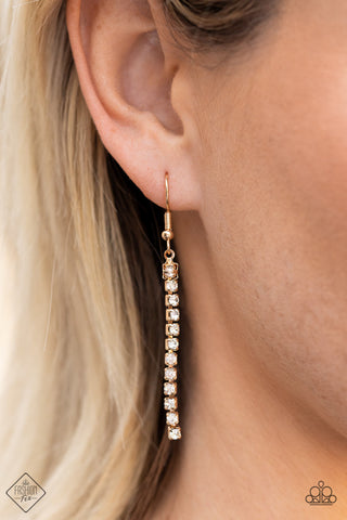 Stellar Crescendo - Gold - White Rhinestone Tassel Paparazzi Long Necklace - July 2022 Magnificent Musings