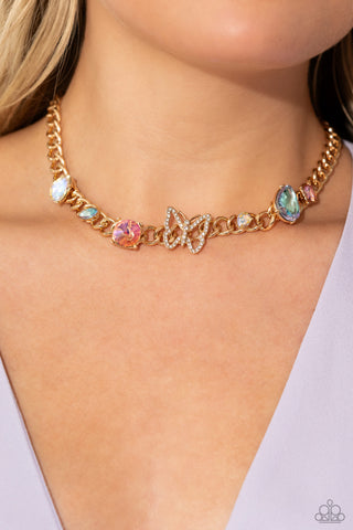 Storybook Succession - Gold - Iridescent Gem Butterfly Paparazzi Short Necklace - September 2023 Life of the Party Exclusive