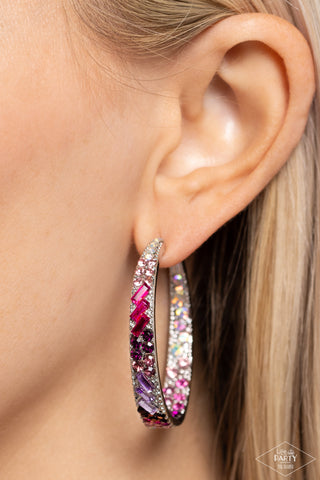 GLITZY By Association - Multi - Iridescent, Pink, and Purple Rhinestone Paparazzi Hoop Earrings - Pink Diamond Exclusive