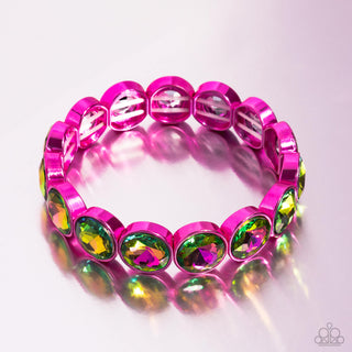 Radiant on Repeat - Pink - Painted Metal Oil Spill Rhinestone Paparazzi Stretchy Bracelet - Pink Diamond Exclusive