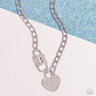 Lock Up Your Love - White - Rhinestone Heart and Padlock Paparazzi Short Necklace - June 2024 Life of the Party Exclusive