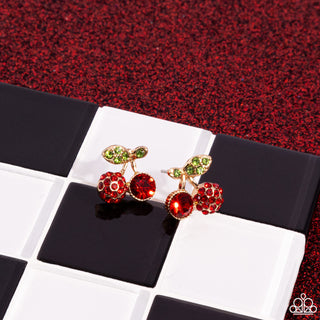 Cherry Candidate - Gold - Red Fruit Rhinestone Paparazzi Post Earrings