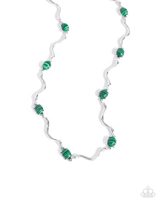 Striped Season - Green - Striped Bead Wavy Silver Bar Paparazzi Short Necklace