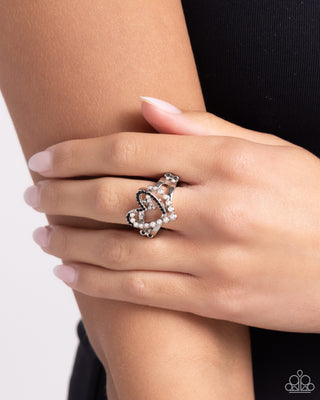 Just a Crush - Black - Rhinestone and White Pearl Heart Paparazzi Stretchy Ring