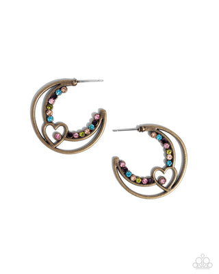 Sympathetic Sweetheart - Brass - Colorful Rhinestone Heart Frame Paparazzi Hoop Earrings