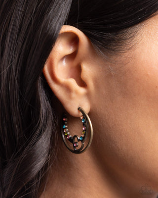 Sympathetic Sweetheart - Brass - Colorful Rhinestone Heart Frame Paparazzi Hoop Earrings