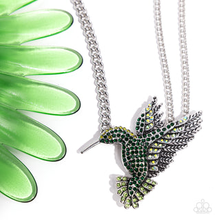Hummingbird Headline - Green - and Iridescent Rhinestone Encrusted Bird Paparazzi Short Necklace
