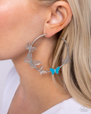 Aerial Allegiance - Multi - Peach and White Rhinestone & Blue Painted Butterfly Paparazzi Hoop Earrings
