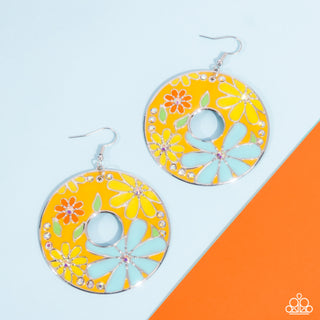 Embroidered Elegance - Yellow - Colorful Painted Flower Paparazzi Fishhook Earrings
