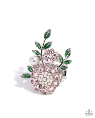 Budding Bling - Pink - Flower and Leaf Paparazzi Ring - August 2024 Life of the Party Exclusive