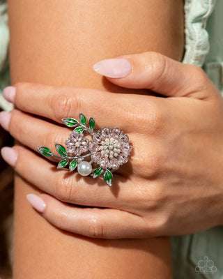 Budding Bling - Pink - Flower and Leaf Paparazzi Ring - August 2024 Life of the Party Exclusive