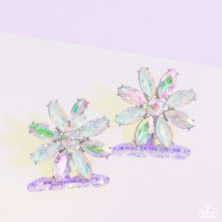 Maiden Makeover - Green - Opalescent and UV Gem Flower Paparazzi Clip-On Earrings