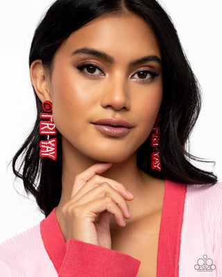 Its Friday! - Red- Seed Bead "FRI-YAY" Paparazzi Post Earrings