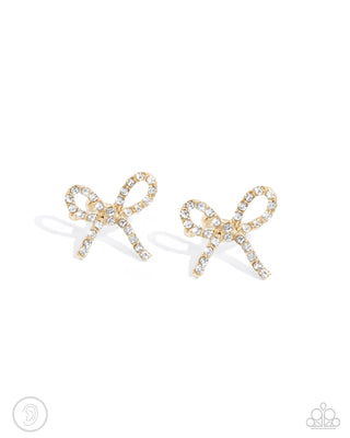 Convincing Charm - Gold - White Rhinestone Encrusted Bow Paparazzi Ear Cuff