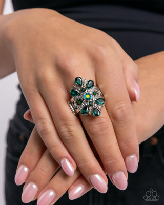 Pronged Panorama - Green - and Iridescent Gem Flower Paparazzi Ring