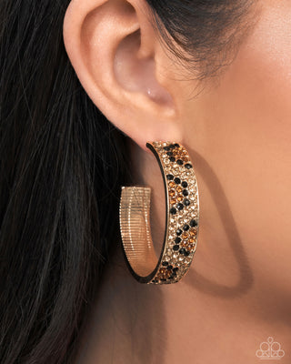 Cheetah Clique - Gold - Rhinestone Animal Print Paparazzi Hoop Earrings - January 2025 Life of the Party Exclusive