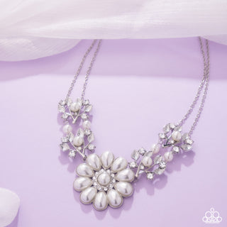 Sprouting Shimmer - White - Rhinestone and Pearl Flower Paparazzi Short Necklace