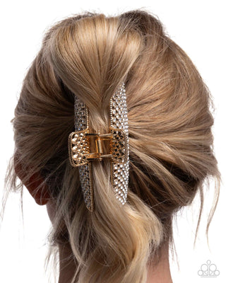 Glittery Gesture - Gold - White Rhinestone Paparazzi Claw Hair Clip